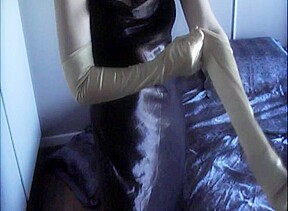 Silky black satin gown, panties and gloves