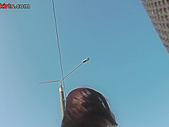 Skinny ass and g-string of a brunette in upskirt mov