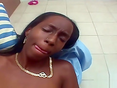 Skinny black chick gets hairy pussy fucked by white cock