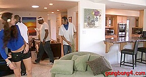 Skinny chick double fucked by a group of black guys