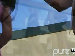 Skinny girl in a pink dress exposes her bare ass to public