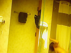 Step sister looks confused in the bathroom