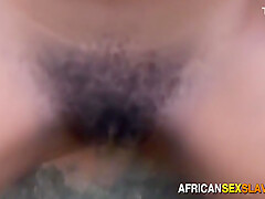 Submissive Bald Black Beauty Sucks Mega White Dildo And Is Fucked Outdoors