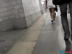 Sweetheart in white suit flashes her upskirt