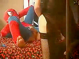 TS babe In lingerie Handles Trick-or-treater