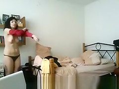 Tattoed girl in bedroom after shower