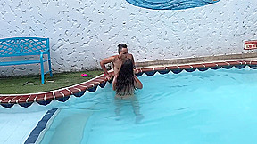 The Neighbor Leaves Her Husband At Home To Fuck The First See In The Pool