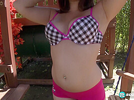 Thick Brunette Kalie Uses A Thick Flesh-Colored Dildo In Her Tight Cunt Poolside 