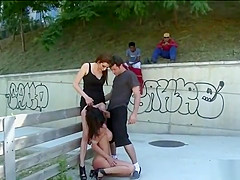 Tied brunette babe anal fucked outdoor
