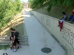 Tied brunette babe anal fucked outdoor