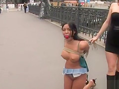 Tied busty babe walked in public