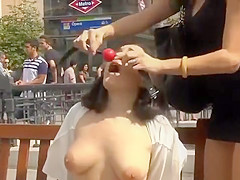 Tied tits brunette banged outdoor