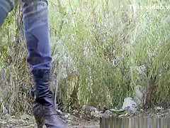 Tight pants blonde pissing in wild
