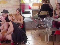 Trimmed head slave caned in public bar