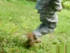Trooper giving head and licking asses outdoors