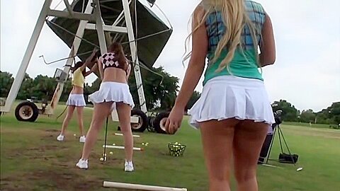 Two Hot Girls Play Golf With Sexy Busty Lady Outdoors