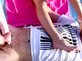 Two blondes footjob dominate pool boy (private soon)