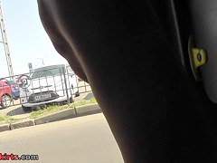 Upskirt in bus with young girl in short jean skirt