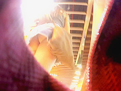 Upskirt inside a jeans miniskirt while walking