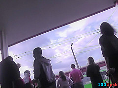 Upskirt porn with brunette-hair gal in a public place
