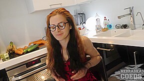 Vegan Redhead Model Lea Tries Fitting Fruits And Veggies In Her Pussy Starting With A Large Cucumber