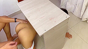 Young Latina Gets Stuck Under A Desk And Her Stepbrother Lubricates Her With His Delicious Cock
