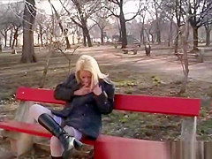 blonde girl pissing in public