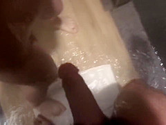 my asian gf gives blowjob in shower gets two facials