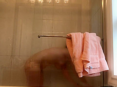 18 year old Volleyball player glass shower! again! GREAT ASS