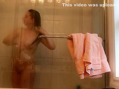 18 year old Volleyball player glass shower! again! GREAT ASS